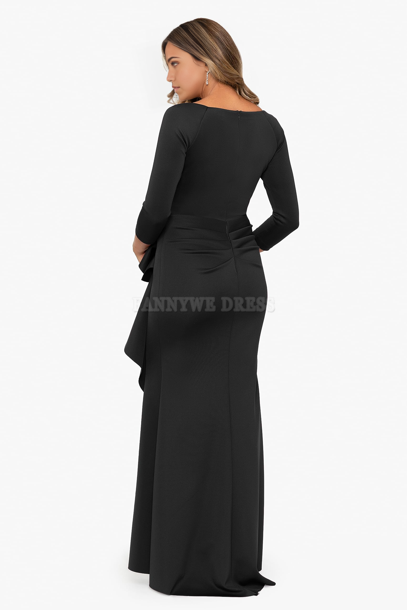 Vestido formal con escote en V, manga larga 3/4 y fruncido lateral, para dama de honor, de noche y fiesta.